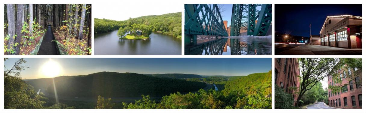Collage of photos of the town of Beacon Falls. Nature scenes and a few buildings 